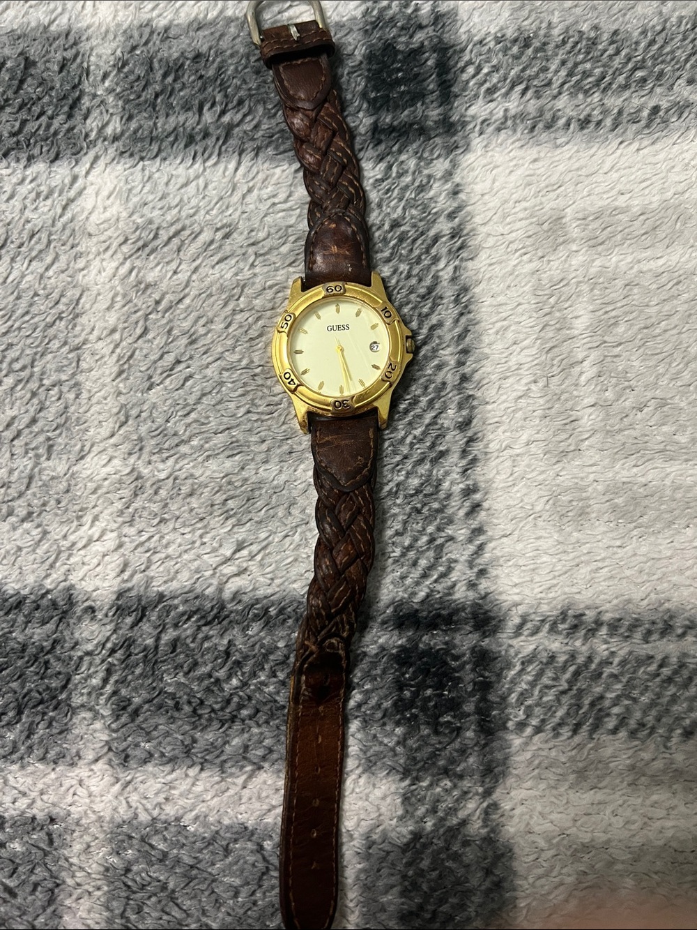 Guess Men's Gold Tone Watch with Brown Braided Leather Band